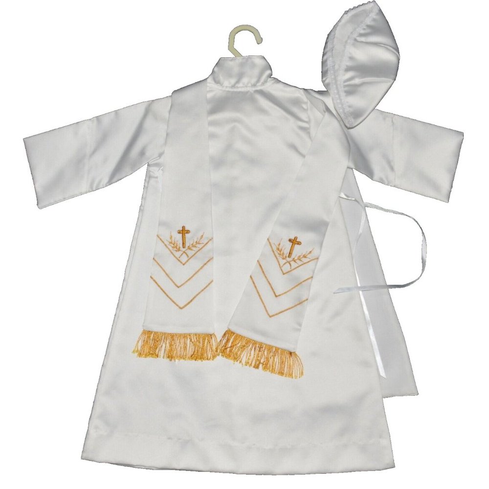 BABY BOY GIRL NEW WHITE SATIN GOLD CROSS BAPTISM CHRISTENING OUTFIT W HAT